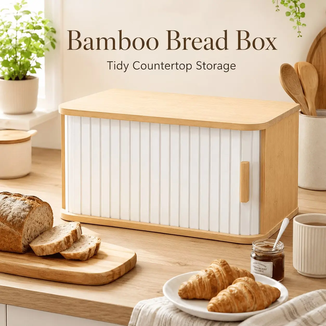 Premium Natural Bamboo Bread Box with Smooth Tambour Sliding Door, Water-Resistant Large Capacity Space-Saving Countertop Storage Organizer for Bread Loaves Pastries Bagels Snacks Coffee Tea Accessories, Farmhouse Kitchen Decor, Ideal Housewarming Gift