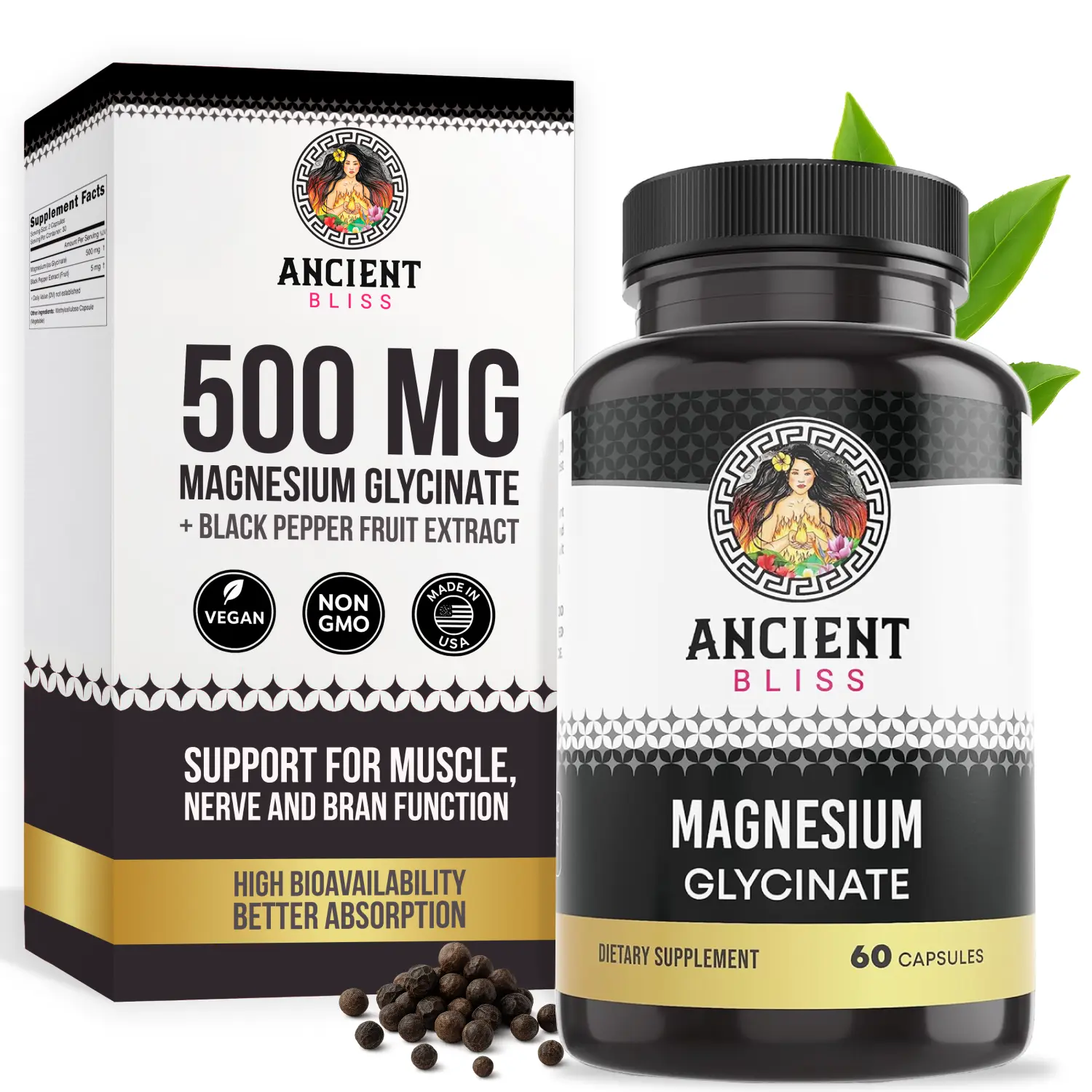 Ancient Bliss Magnesium Glycinate for Muscles & Nerves, Digestive & Immune Support Supplement, Magnesium Supplement for Women & Men (60 Capsules)