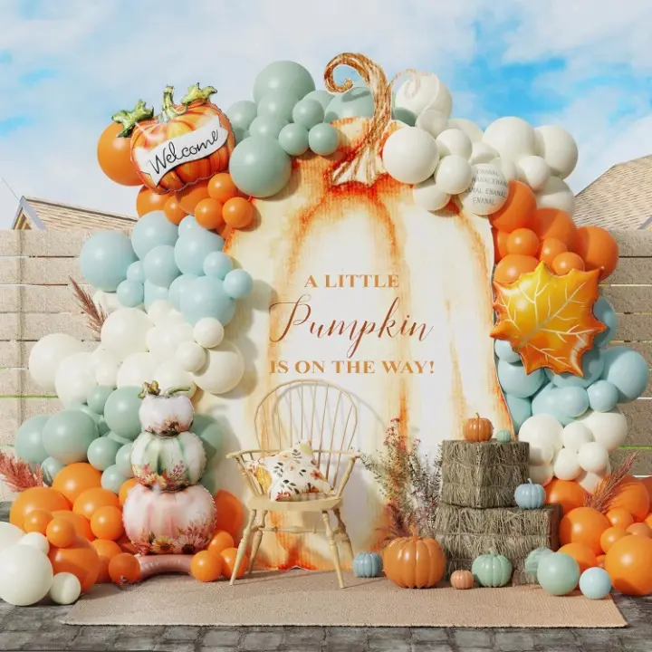 Autumn Pumpkin Balloon Arch Set with Mist Green Blue Orange Garland and Leaf Foil Accents