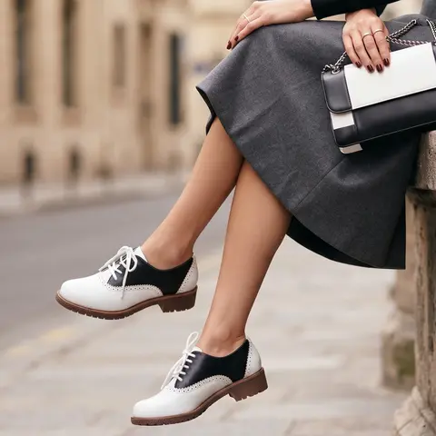Oxford Shoes For Women Round Toe Low Chunky Heel Lace Up Vintage Retro Two Tone Wingtips Brogue Oxfords  Work Casual Outdoor Events Saddle Shoes Non Slip Trendy Oxford Girl Footwear