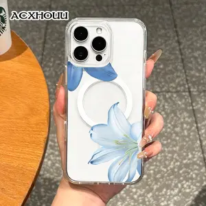 Girly Magnetic Case for iPhone11/12/13/14/15/16/17/promax, Blue Lily Floral Art MagSafe Ready, Slim Fit, Drop-Proof | Perfect for Soft Girl Aesthetic