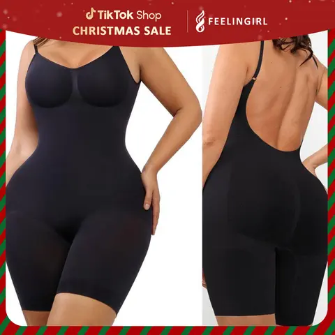 FeelinGirl Backless Low Scoop Back Mid-Thigh Bodysuit Fit Comfortable Womenswear All-In-One Bike Short Shapewear