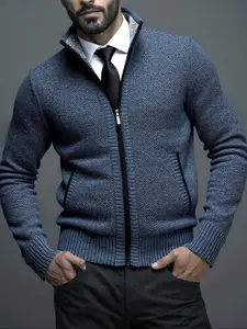 Men's Knit Cardigan Jacket, Casual Stand Collar Zipper Coat, Soft Polyester, Office & Cycling Outerwear, Long Sleeve Fitted Sweater, Knitwear, Cardigan Sweaters
