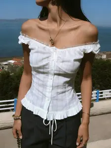 Lace One Shoulder Y2K Crop Top, Cute Summer Vintage Backless Shirt Blouse, Casual Adjustable Tie, Short Sleeve, Girls' Fashion