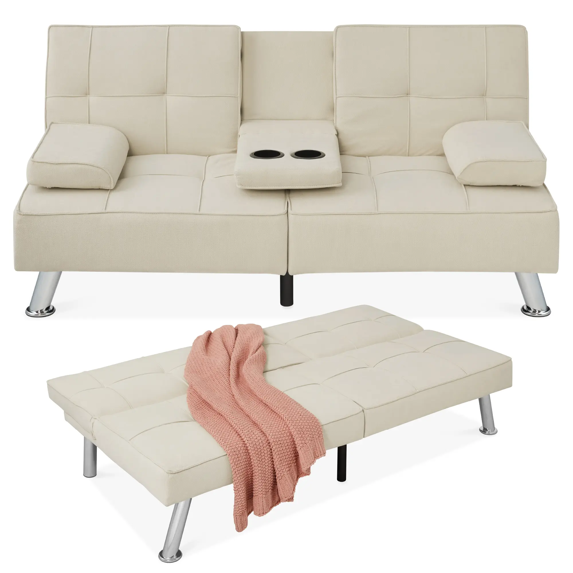 Best Choice Products Modern Linen Convertible Futon Sofa Bed w/ Removable Armrests, Metal Legs, Cupholders Best Choice Products Modern Linen Convertible Futon Sofa Bed w/ Removable Armrests, Metal Legs, Cupholders
