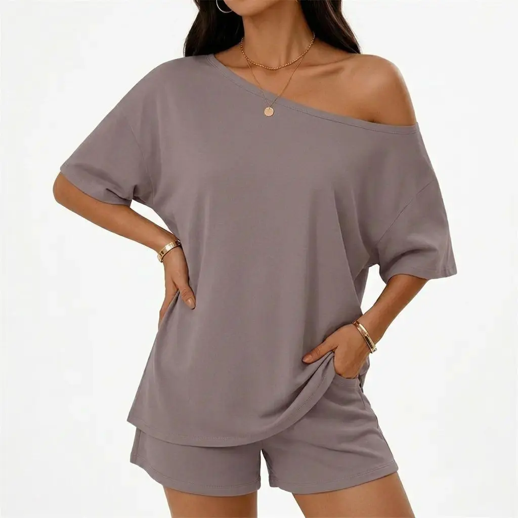 Women's Off-Shoulder Two-Piece Loungewear Set Casual Top and Slim-Fit Shorts Summer Style