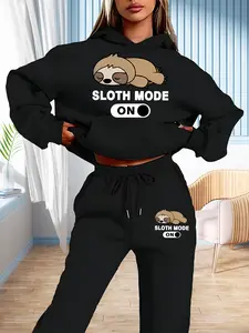 Sloth Mode Graphic Print Sweatshirt Set, Casual Fitted Design, Fall & Winter Wear, Loose Fit, Daily Comfort Clothing