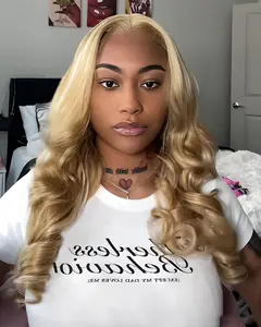 Arabella 13X6 Ear to Ear Glueless Blonde Khaki Human Hair Lace Front Wig Loose Body Wave Middle Part Natural Hairline Long Wavy Wig
