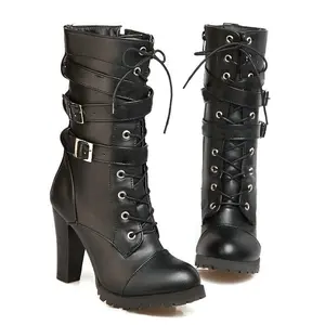 High Heel Boots for Women,Womens Platform Boot Heels Sexy Round Toe Lace UP High Heels Mid Calf Boots