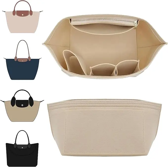 Felt Tote Organizer Insert for Longchamp Le Pliage Large, 8-Compartment Lightweight Organizer & Inner Pouch with Zipper, Portable Travel Accessory
