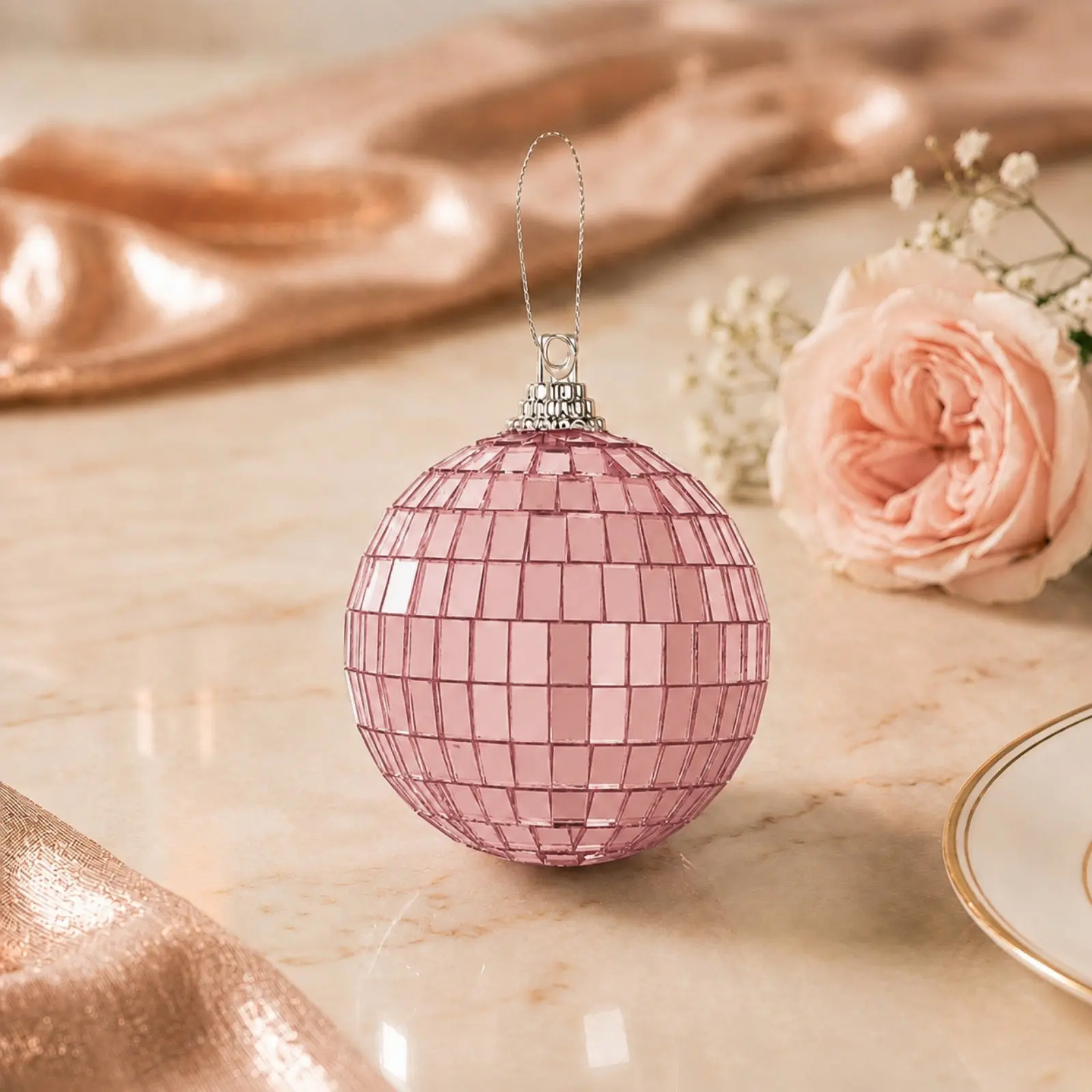 6 Pack 2" Rose Gold Foam Disco Mirror Ball With Hanging Strings, Holiday Christmas Ornaments