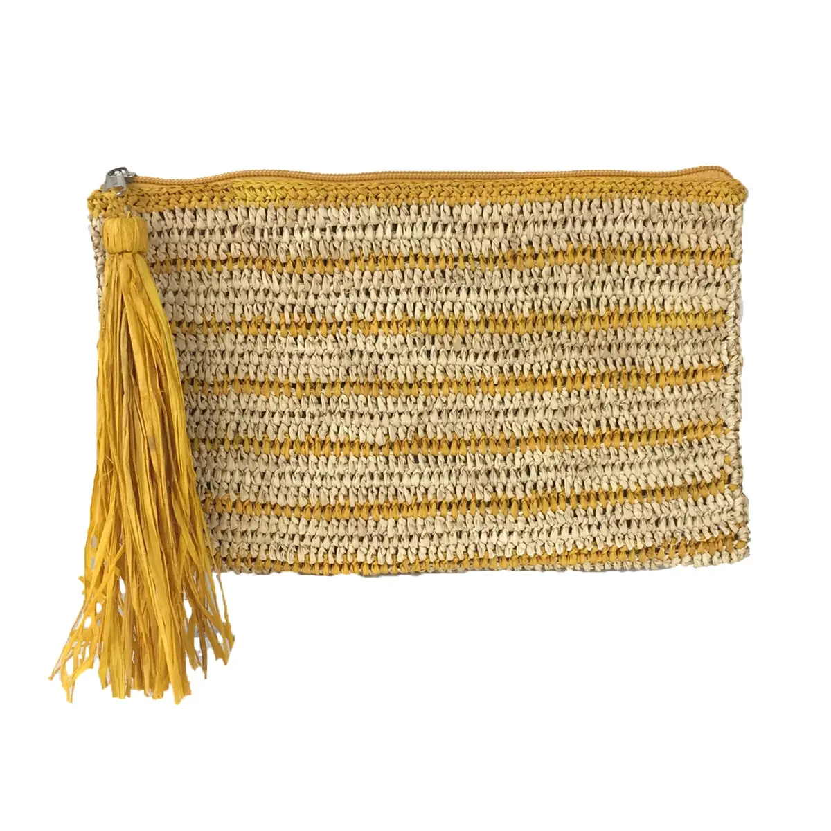 Mar Y Sol Women's Kylie Boho Striped Crochet Raffia Clutch, Slim Envelope Wristlet with Tassel and Bamboo Detail, Tassels, Stripes, Casual, Lightweight, Envelope Clutch, Straw/Bamboo
