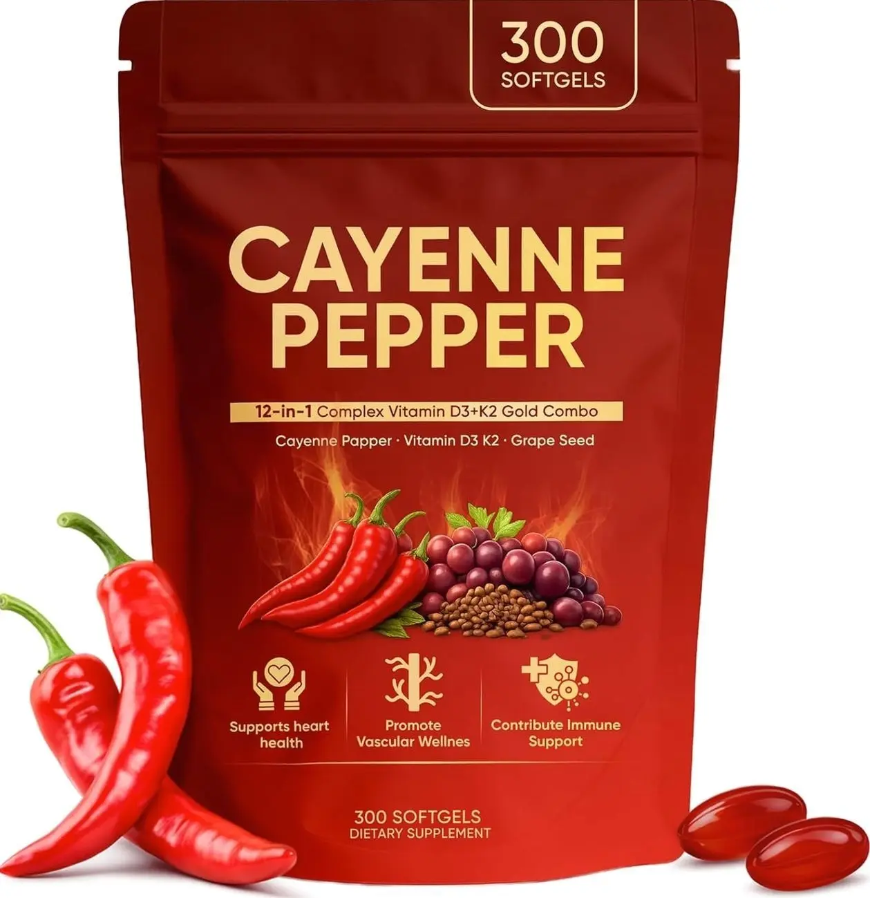 Cayenne Pepper Softgels, Organic Cayenne Pepper Capsules with Vitamins D3 K2, Grape Seed, Beet Root, Capsaicin Supplements Supports Heart and Blood Vessel Health, Non-GMO, 300 Softgels