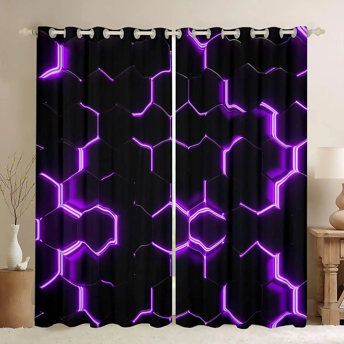 Feelyou 2-Panel Privacy Grommet Velvet Curtains - Purple Colorful Bold Pattern Neon Hexagon Grid Art Light-Blocking Honeycomb Drapes, 38x54" Curtain Treatments, Purple Curtains, Colorful Curtains