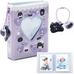 Mini Photo Card Album Kpop Photo Card Folder with Purple Black Cat Pendant Heart Shaped Hollow Design for Collecting Pictures 11cm Ideal Gift for Kpop Fans