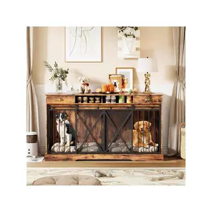 63'' Extra Large Double Dog Crate With Removable Divider, Heavy Duty Dog Kennel Furniture With 2 Drawers, Indoor Decorative Pet Cage TV Stand For 2 Pets