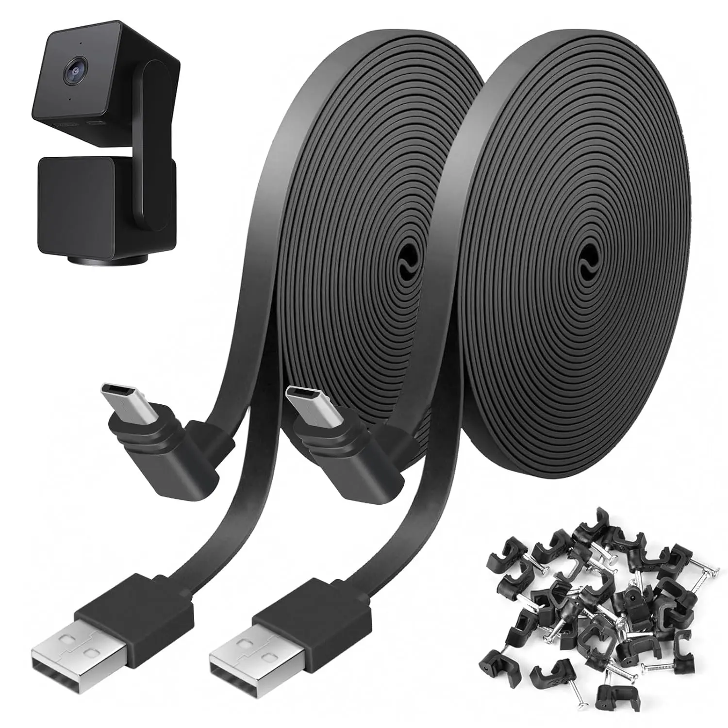2 Pack 25FT Power Cable Compatible with WYZE Cam Pan V3, USB to 90 Degree Micro USB Extension Charging Cable for WYZE Cam Pan V3,L-Shaped Flat Power Cord (Black) Wireless Installation
