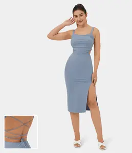 Halara Ruched Split Backless Crisscross Lace Up Bodycon Midi Casual Dress