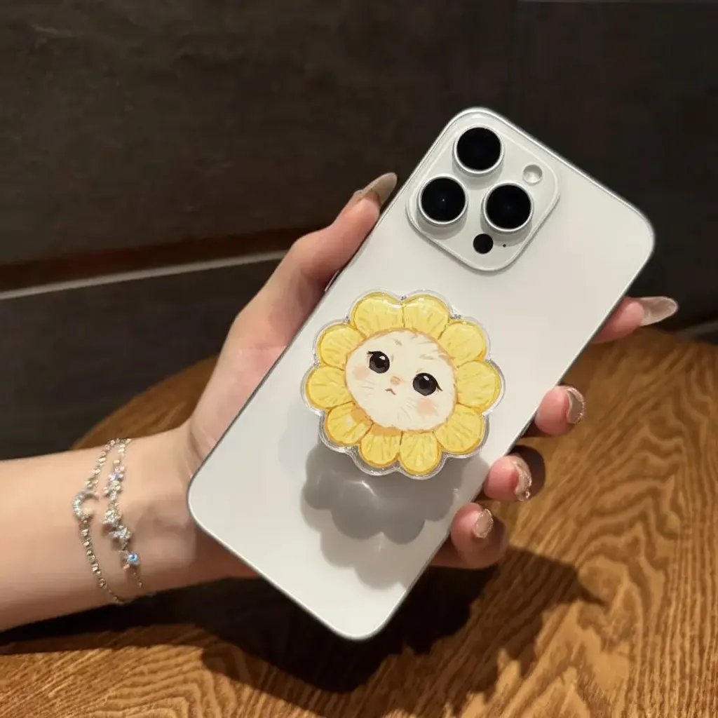 Cute Sunflower Kitty Phone Grip - Kawaii Floral Acrylic Phone Stand - Adorable Cat Lover Holder Accessory