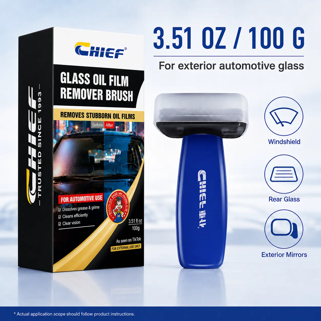 CHIEF Windshield Deep Cleaner for Daily and Night Driving, Road Film and Oily Residue Remover with Built-In Applicator, 3.51 oz#windshield deep cleaner #road film remover #windshield oil film remover #night driving windshield cleaner