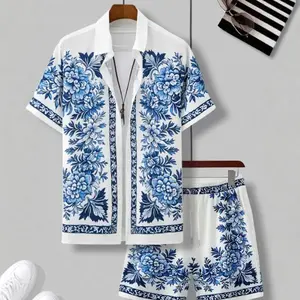 2025 Summer Men's Trendy Hawaiian Print Short Sleeve Shirt & Shorts Set | Casual Resort Style Two-Piece Outfit Clothes Menswear Suits Gamis Tropical Formal Shortsleeve Floral