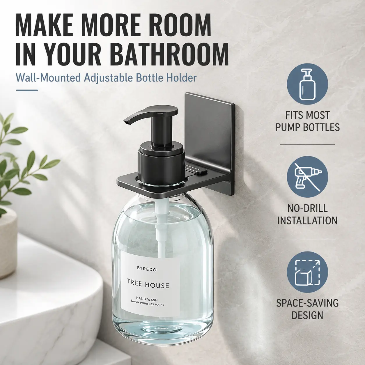 2 PCS Wall Mounted Adjustable Soap Bottle Holder, No Drill Pump Bottle Holder for Bathroom, Fits Most Shampoo, Body Wash & Hand Soap Bottles