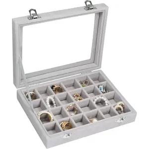 24-Grid Jewelry Box Organizer, Anti-Tangle Ring Earring Storage Case with Dustproof Storage and Portable Design, Clear Top Display Tray for Women Girls, vanity organizer jewelry storage box