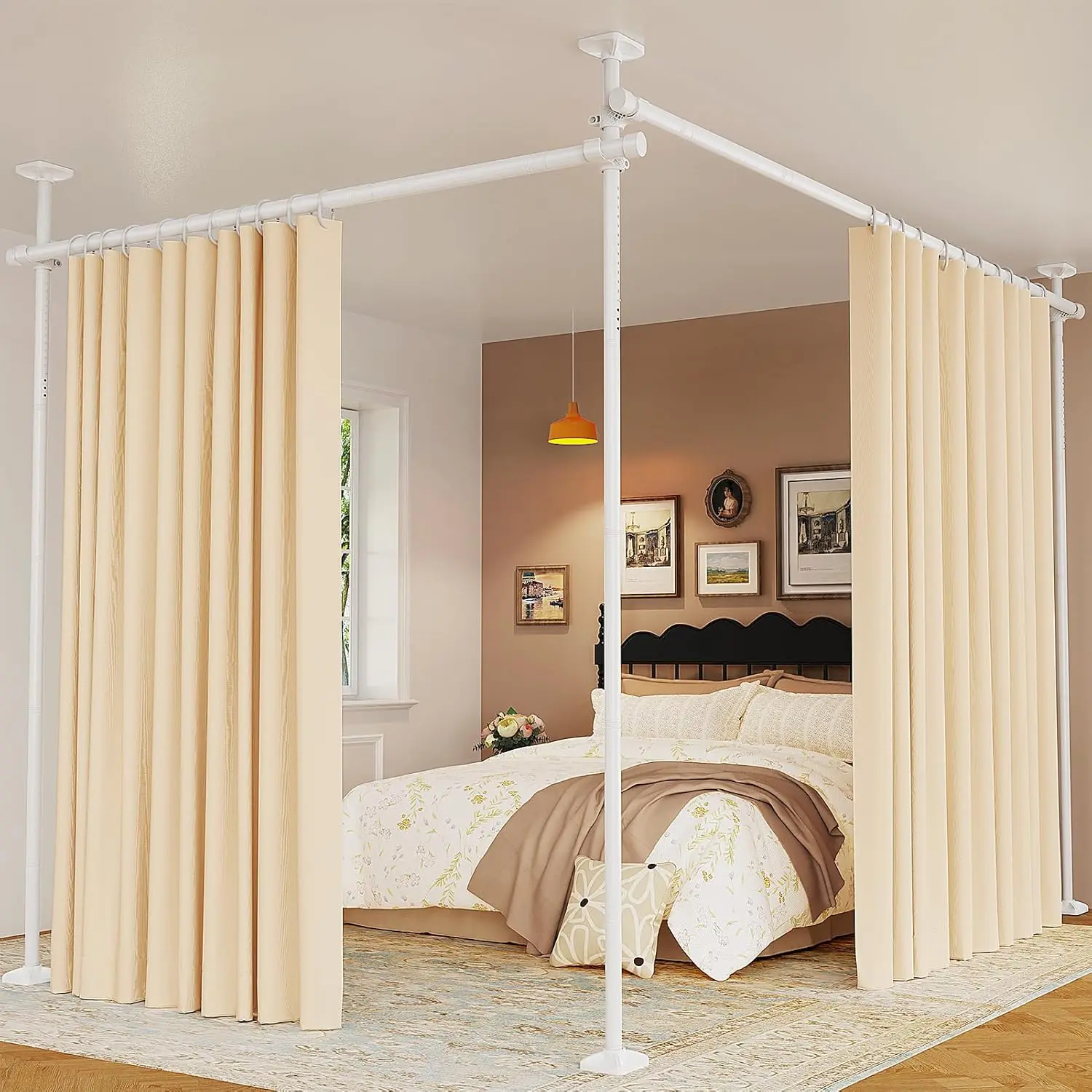 Room Divider for Room Separation, Tension Curtain Rods No Drilling, 4-10ft(H) 28-114inch(W) Adjustable Temporary  Wall Divider, Heavy Duty Freestanding Space Partition Separator, White