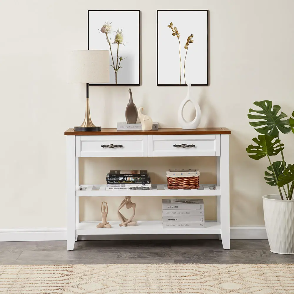 Vintage Retro Console Table with Shelves, Solid Wood Frame, Retro Design Living Room Table in Espresso Finish