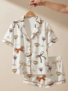 Women’s Espresso Martini Long Satin Pajama Set Coquette Bow Button Up Sleepwear Soft Luxury Loungewear PJs Elegant Nightwear Gift for Her Latin Fabric Comfortable & Breathable