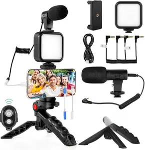 Vlogging Kit for iPhone, Android (with Tripod), with Mini LED Video Light + Cardioid Microphone + Phone Clip + Tripod for Video Calling, Vlogging, YouTube, Instagram, TikTok