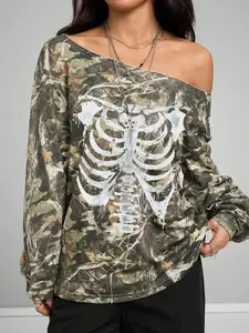 Women's Halloween Camo Asymmetrical Neck Off-Shoulder Pullover Sweater, Skull Print, Casual Loose Fit Long Sleeve Top for All Seasons Womenswear