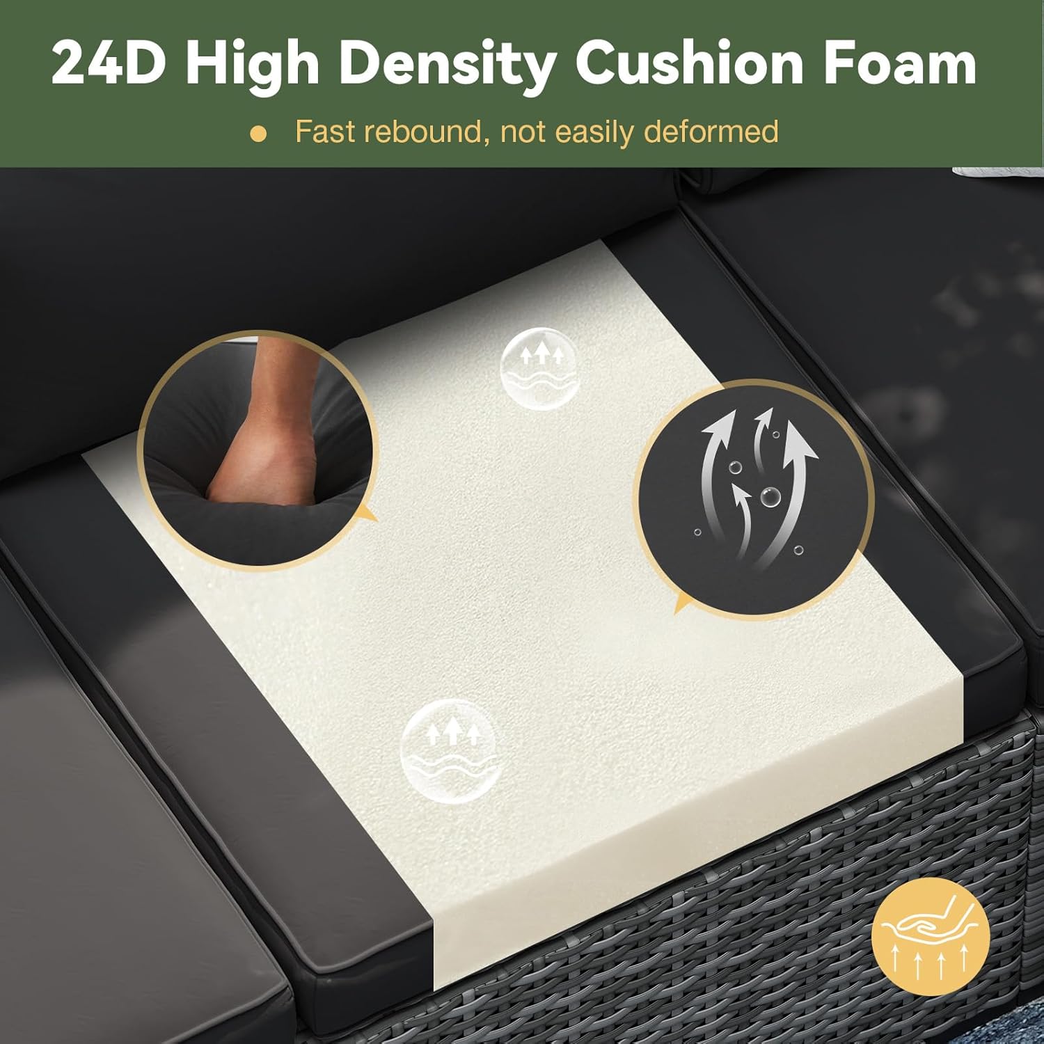 [Only Cushion] Aoxun 14-Piece Deep Seat Patio Cushions for 6-Seat Sets Waterproof Fade Resistant Black Replacement Outdoor Furniture Cushions with 4-Inch Thick 24D Foam & PP Cotton Fill