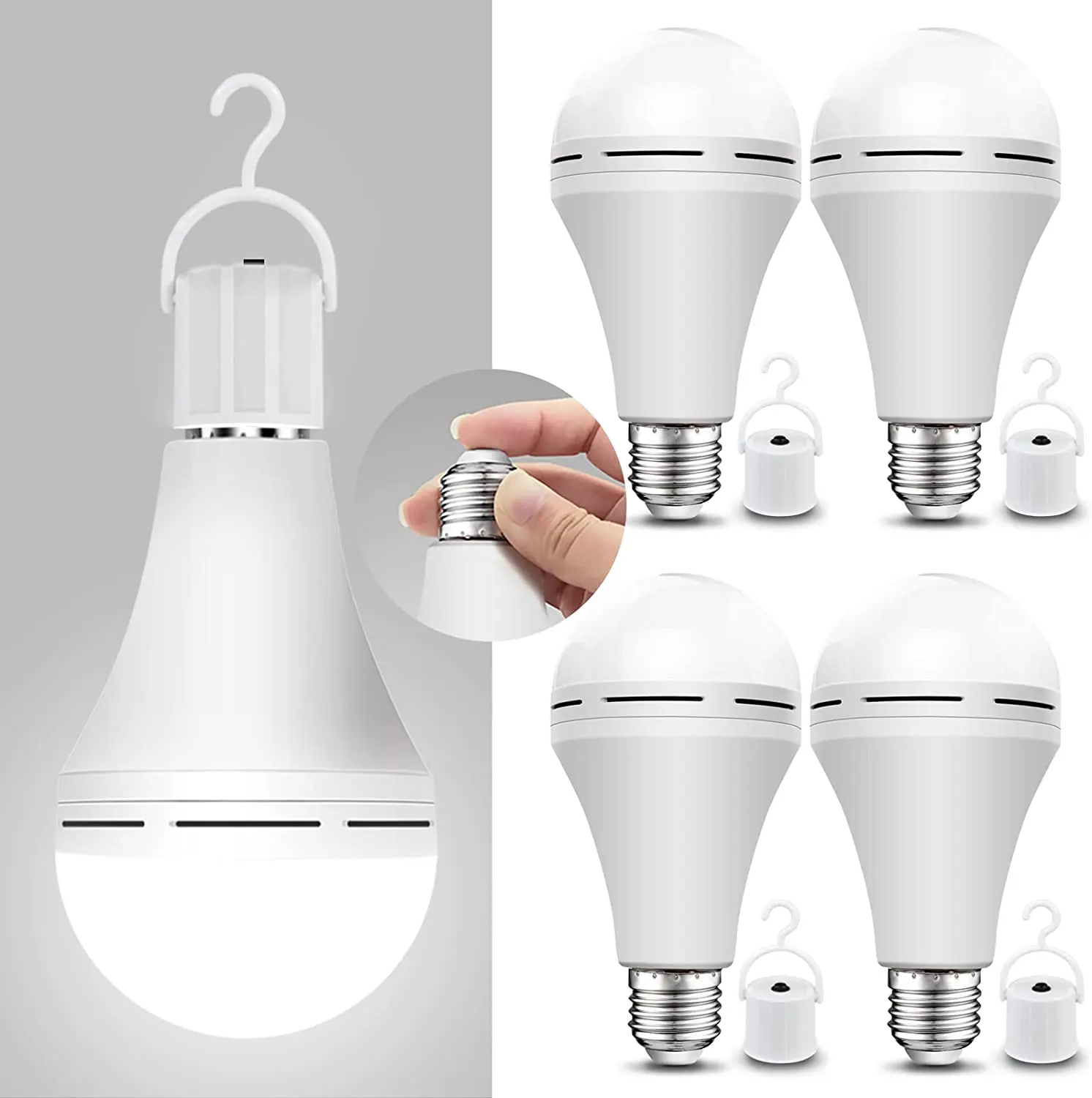 4 Pack E27 Rechargeable Emergency Light Bulbs, 12W 1200mAh Battery-Powered, 60W Equivalent 800-999 lm Warm White, Includes Hook, Ideal for Home Power Outages, Garage, Basement, Workshop