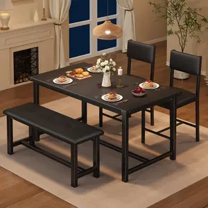 Dining Table Set for 4, Kitchen Table with 2 Upholstered Chairs and Bench, Wood Kitchen Dining Room Set, for Small Space, Apartment, Home, Kitchen, Retro Black