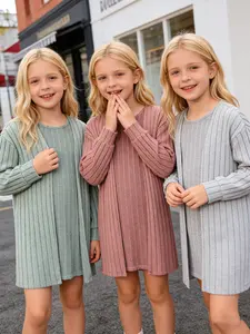 3Pcs Set Girls Basic Ribbed Open Front Sweater Long Sleeve Knit Cardigan Jacket Casual Lightweight Layering Top for Everyday Wear