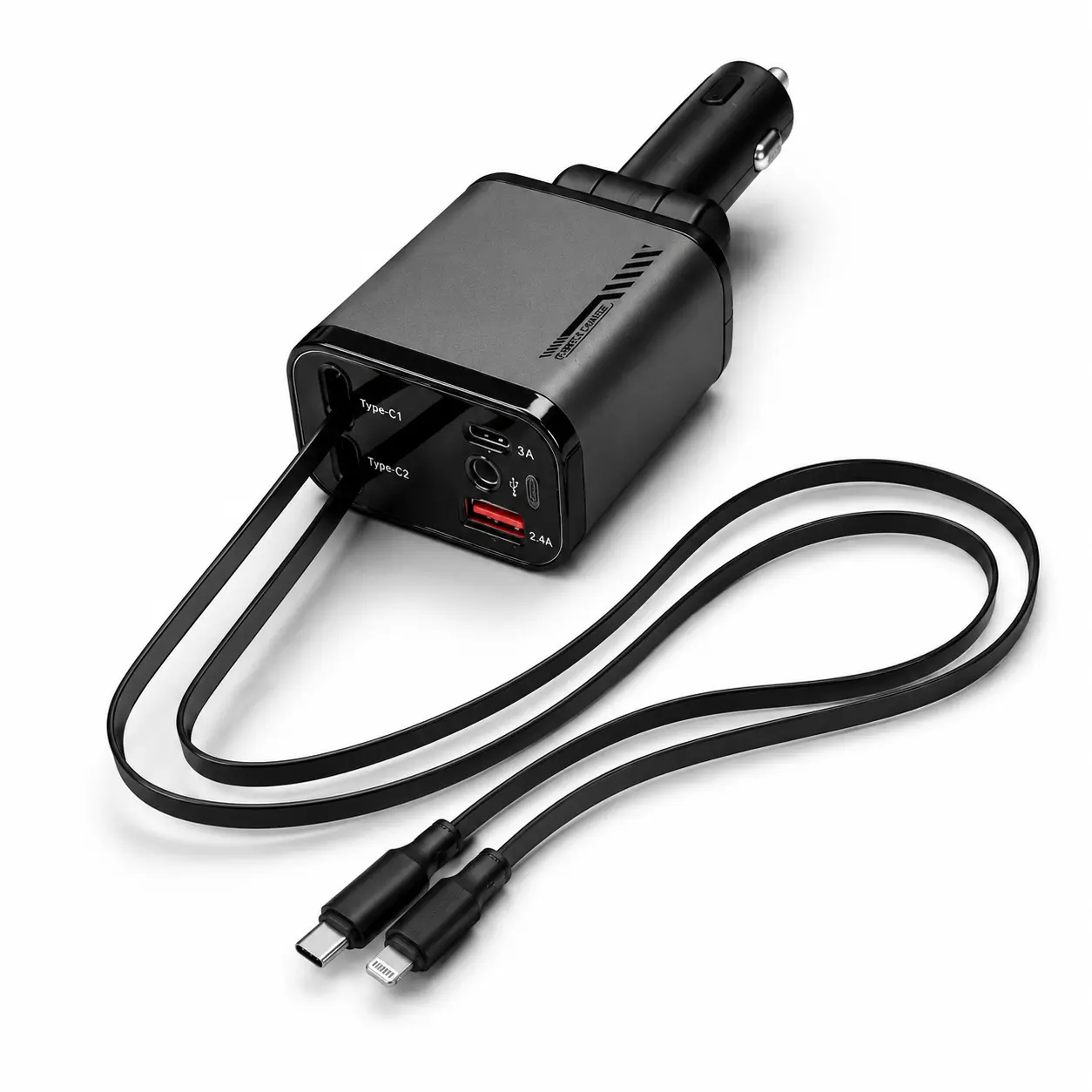 4-in-1 120W Retractable Car Charger for Cars, SUVs and Trucks, Dual 31.5in Built-In USB-C & Lightning Charging Cables, USB-C + USB-A Ports, 180° Adjustable Plug, Charge Up to 4 Devices, Multi-Device Car Adapter for Road Trips, Rideshare & Everyday Driving