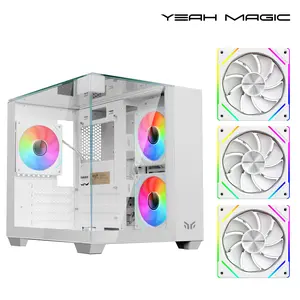 YEAH MAGIC CUBE Gaming computer Case,Tempered Glass ,Three-sided transparent, support MATX, ITX,With 3 RGB Fans, 3D panoramic view, left and right compartments Gaming desktop Case,White