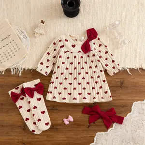 Infant Baby Girls Valentines Dress Cute Heart Printed Long Sleeve Dress with Stockings, Headband Gift Set Outfit