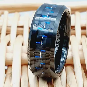 Black Tungsten Blue Carbon Fiber Inlay Wedding Band Ring for Men - Tungsten Anniversary Ring - Men's Wedding Ring - Mens Band