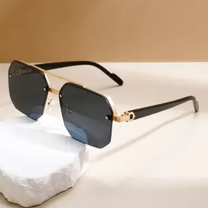 Rimless Oversized Hexagon Sunglasses for Men, UV400 Protection Gradient Lens Driving Shades, Double Bridge Luxury Metal Frame Fashion Eyewear