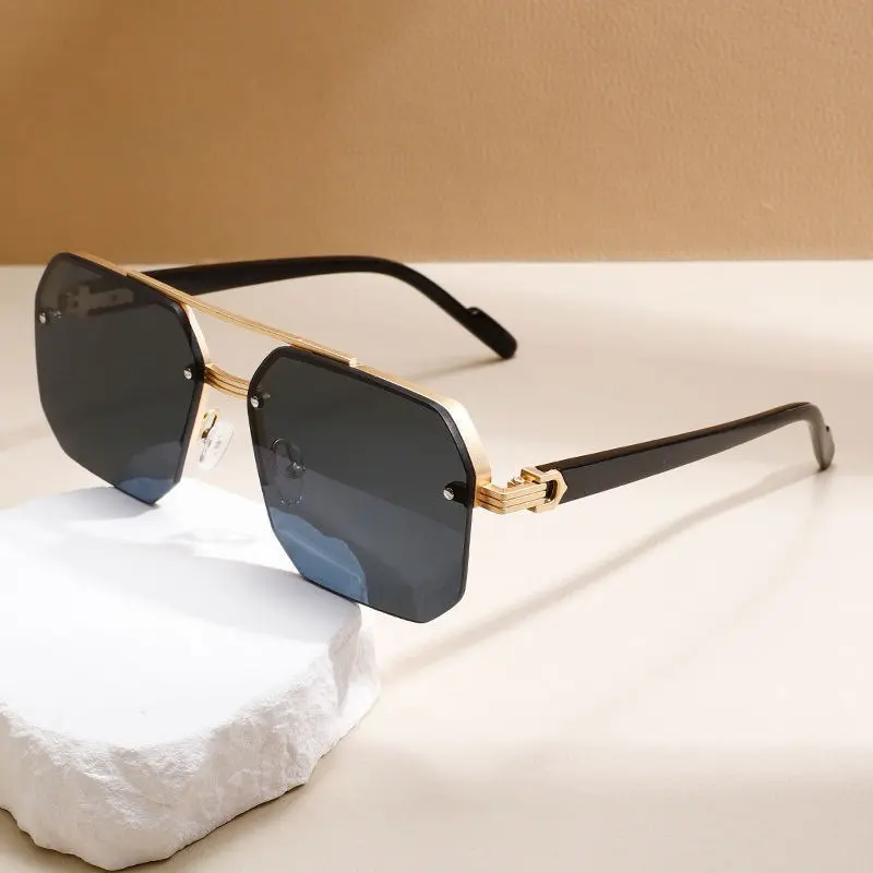 Chic Men's Luxury Half-Rim Octagon Metal Sunglasses - Double Top Bridge Gold Frame, UV400 Shield Gradient Lenses, Glare Cut, Lightweight Portrait Rimless Accent Eyewear with Silicone Details for Driving & Daily Commute