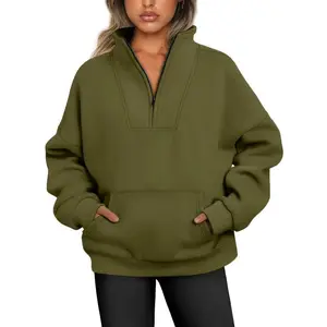 2024 autumn/winter stand up collar solid color hoodie pocket zipper women's casual loose fleece threaded top Sweatshirts Womenswear