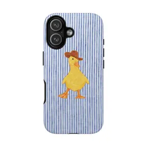 Cowboy Duck iPhone Case, Cute Western Duck Phone Cover, Aesthetic Blue Stripe Design, Compatible with iPhone 17 16 15 14 13 12 11 Pro Max Plus Air