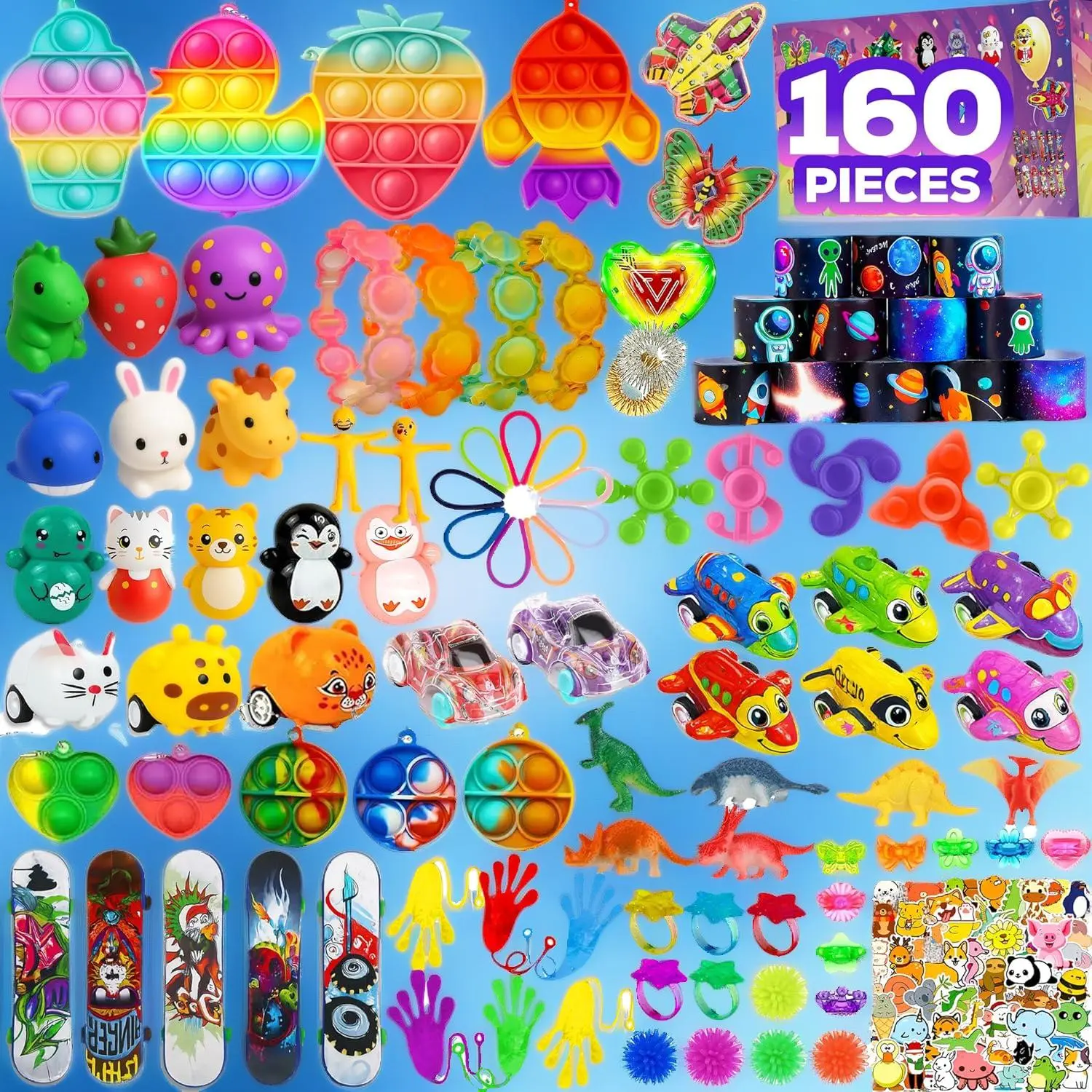 160 Pcs Unisex Fidget Toys Variety Gift Bundle - Random Sensory Pop Set, Stickers, Bulk Packaging Stocking Stuffers, School Classroom Treasure Box Prizes, Gift Box Fillers for Kids