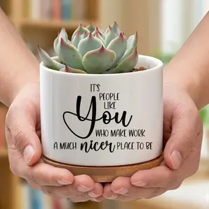 Ceramic Succulent Planter with Bamboo Base - "It'S People Like You" Inspirational Quote - Employee Appreciation Gift - Office Desk Decor - Indoor Plant Pot