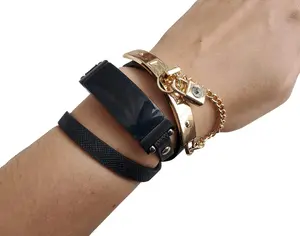 Black Vegan Leather Bracelet Gold Bangle with Lock Charm for Fitbit Luxe