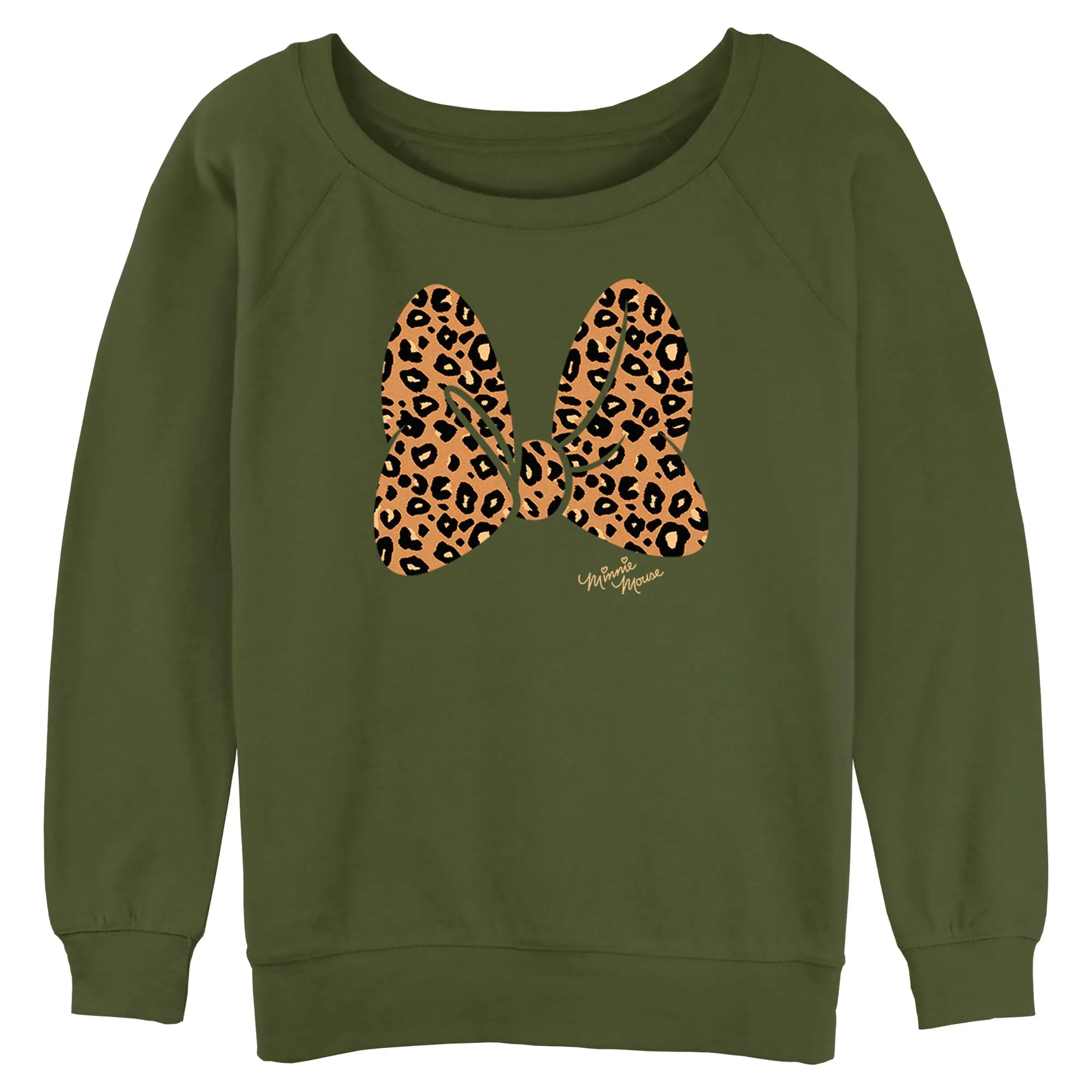 Juniors Womens Mickey & Friends Cheetah Print Minnie Mouse Bow Sweatshirt