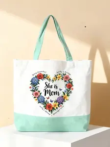 Mother's Day Heart Wreath Canvas Bag, Large Capacity Foldable Handbag, Ideal Gift for Mom, Festive Blessing Design