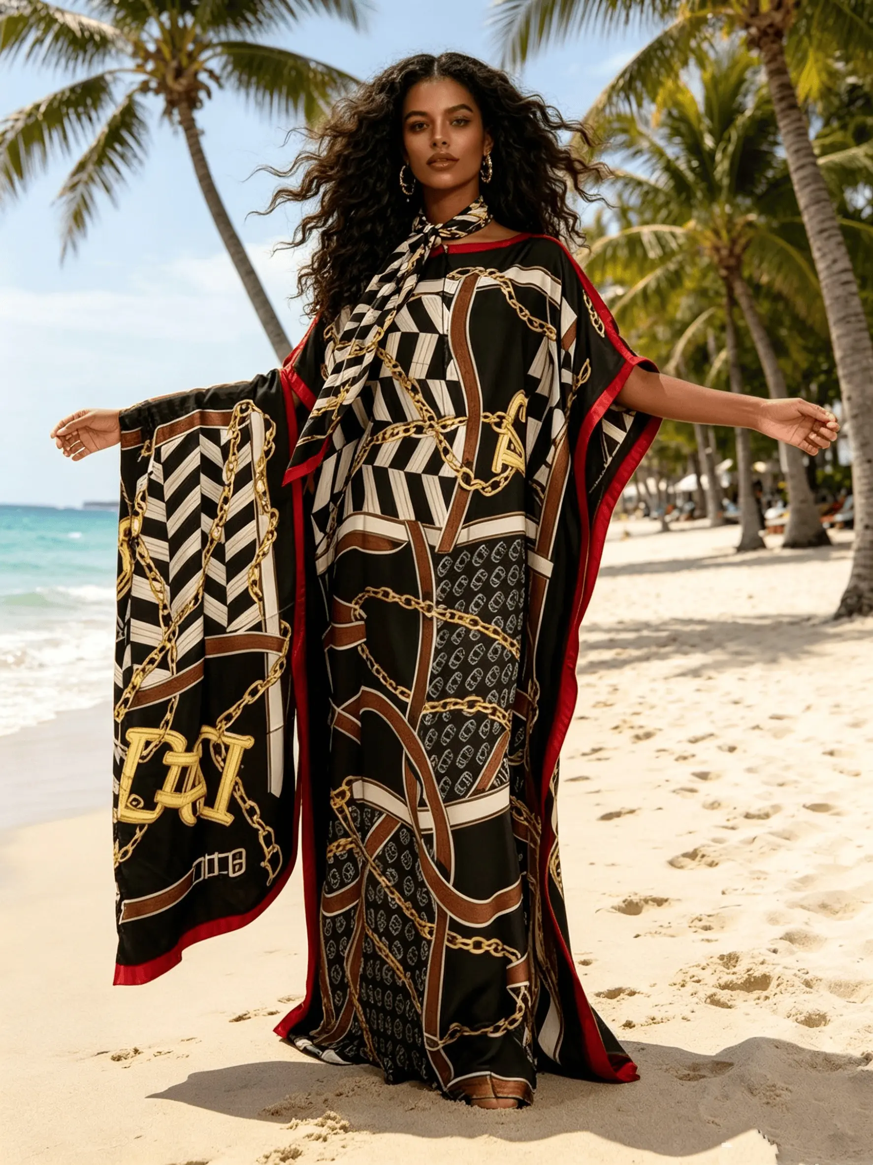 2026 New Women's 2 Piece Black Chain & Monogram Print Kaftan Maxi Dress with Matching Scarf, Silky Smooth Loose Pleated Robe, Plus Size Friendly, Summer Beach Cover Up, Resort Vacation & Evening Party Wear